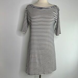 Spiritex striped cotton knit shift dress, cream and blue, size XL